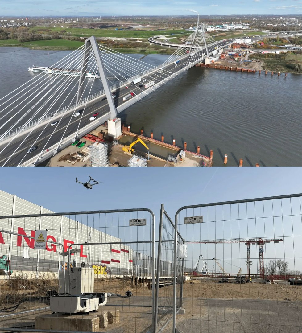 Docked drone keeping tabs with bridge construction in Germany